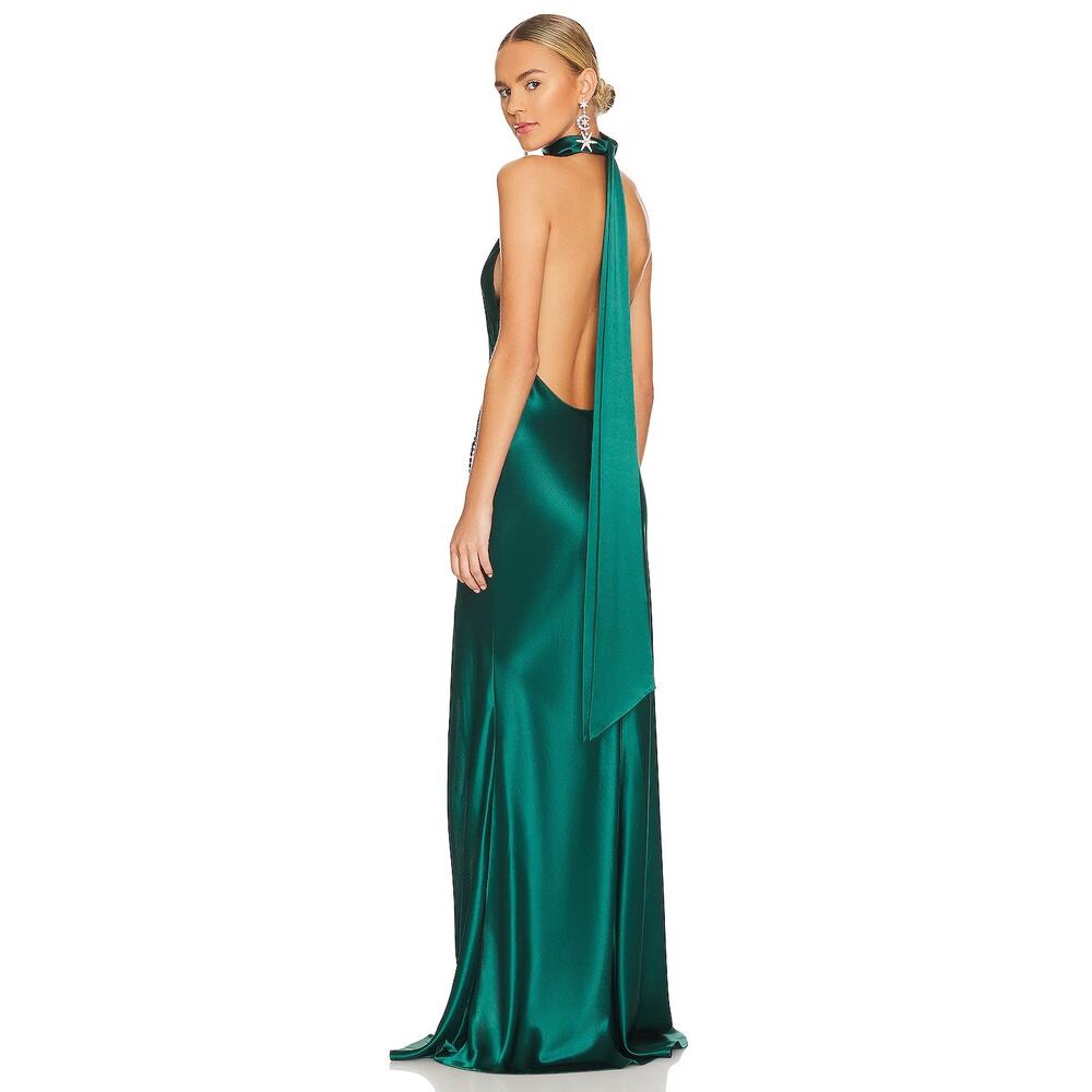 Sau Lee Penelope Halter Gown Maxi Satin Party Formal Gala Holidays Emerald Sz 8 - Picture 3 of 10